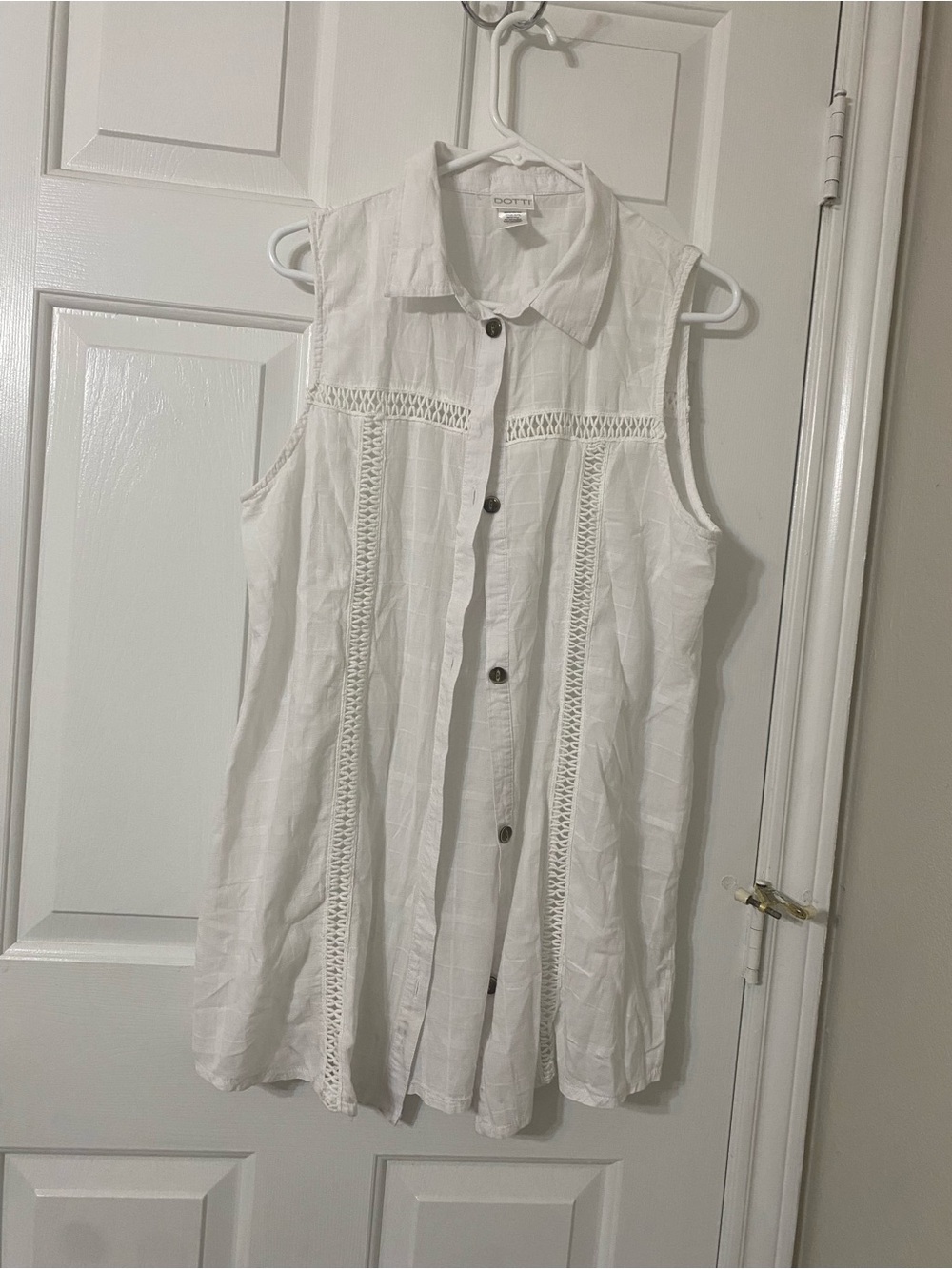 Dotti White Sleeveless Button-Front Mini Dress with Lace Trim